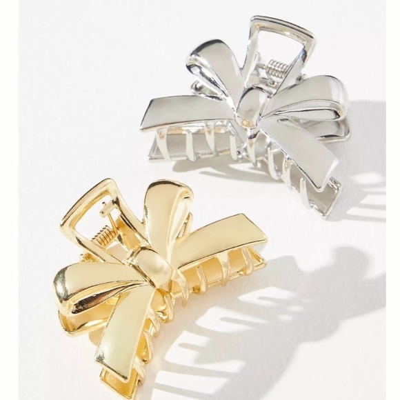 NWT Anthropologie Set Silver Gold Bow Hair Claw Clips - Picture 1 of 3